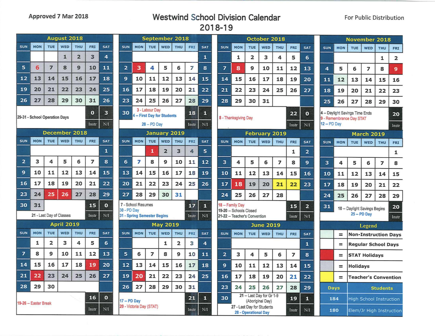 Westwind School Division Calendar 20182019 Cardston Elementary School